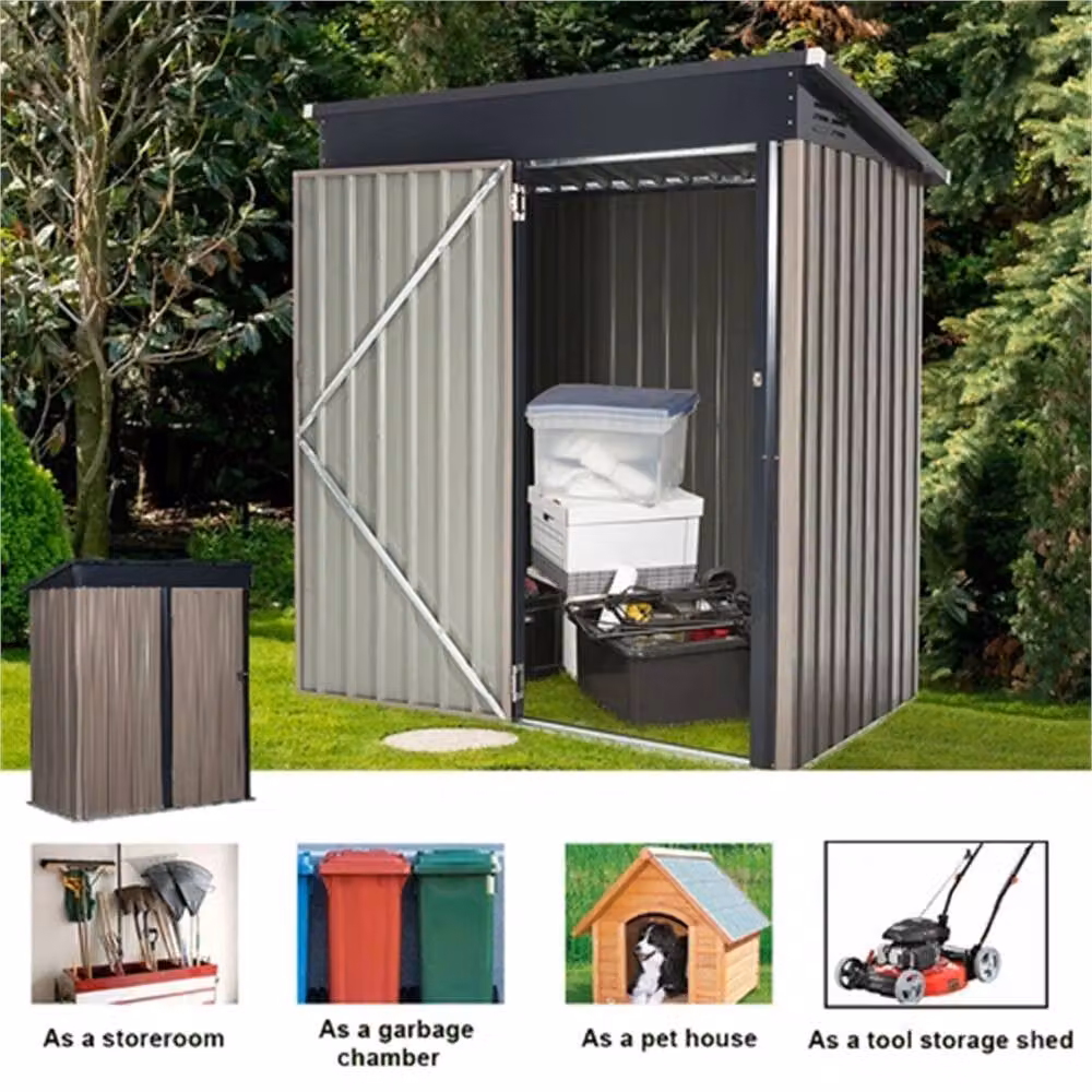 FLAVORA Brown Metal Pent Roof Outdoor Garden Tool Box with Double Doors – 3