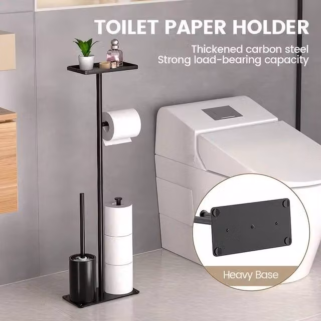 Kelvenix 4-in-1 Freestanding Black Metal Toilet Paper Holder with Spare Roll Holder and Brush