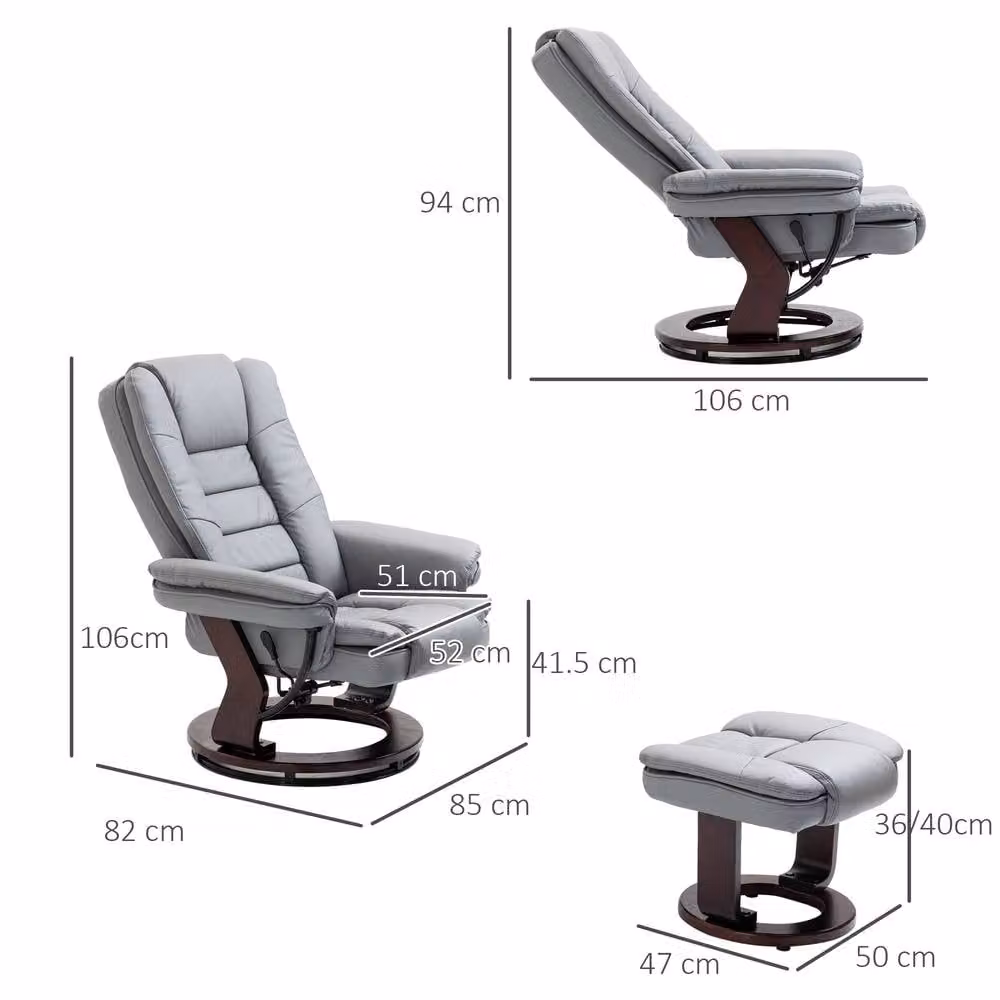 STILVORA Grey PU Leather Recliner Armchair with Matching Footstool – 3
