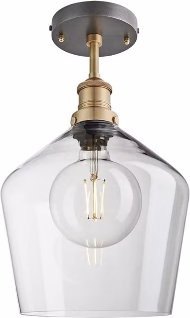 Industville Brooklyn Glass Schoolhouse Flush Mount Ceiling Light in Clear and Gold/Brass, Diameter: 25.4 cm