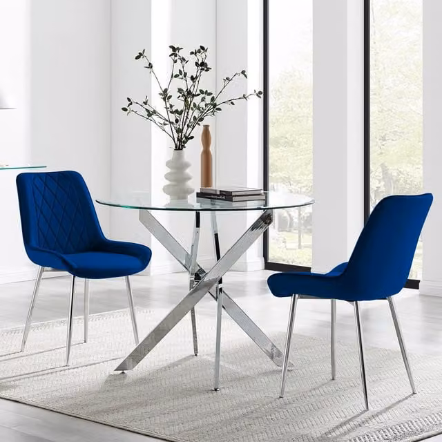 FurnitureboxUK Novara Round Glass Kitchen Dining Table with 2 Pesaro Silver Leg Chairs in Navy and Blue