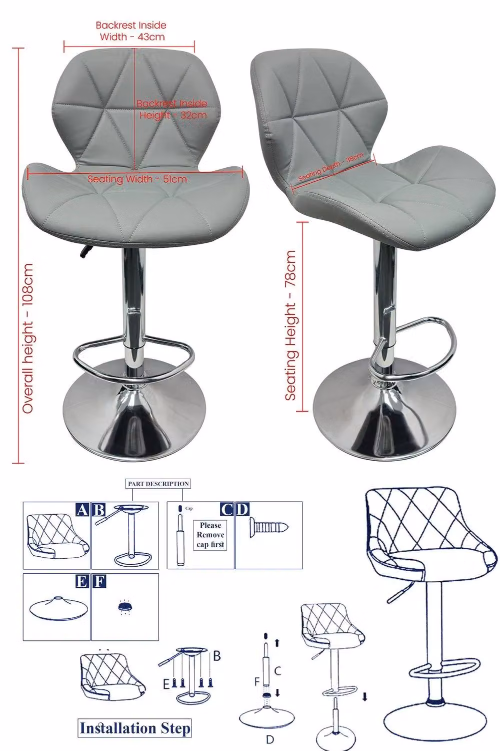 Neel Blue Modern Swivel Barstool in Grey and Blue PU Leather with Height Adjustment – 2