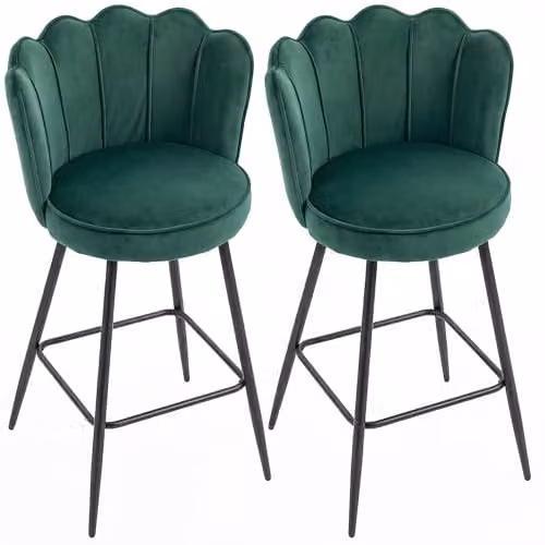 HOMCOM Set of 2 Velvet Bar Stools with Petal Backrest in Green – 1