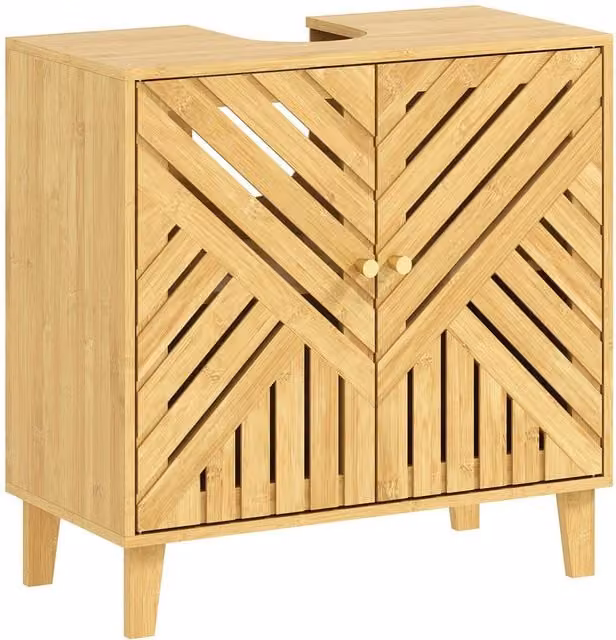 HOMCOM Bamboo Freestanding Bathroom Under Sink Cabinet with Adjustable Internal Shelves and Hinged Doors in Natural Brown – 1