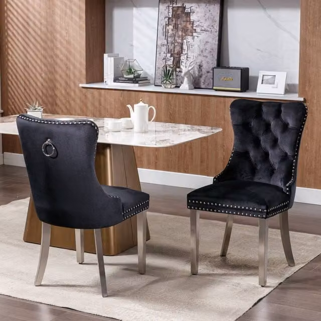 HomeTouch Set of 2 Modern Velvet Dining Chairs with Metal Legs in Black and Silver