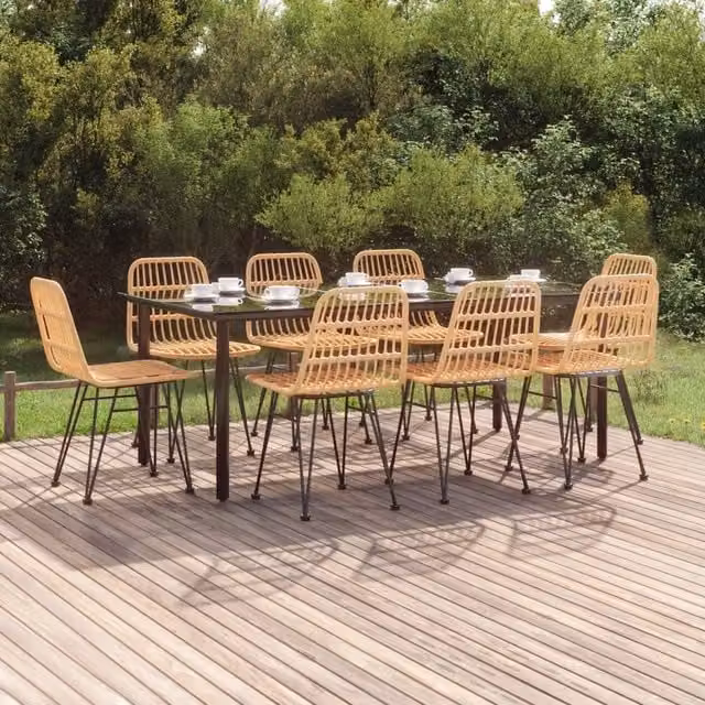 Berkfield Home 9 Piece Brown Poly Rattan Garden Dining Set with Glass Top and Powder Coated Steel Frame