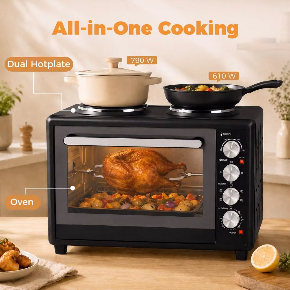 HOMCOM 46L Mini Electric Countertop Oven with Dual Hot Plates and Grill, Black – 4