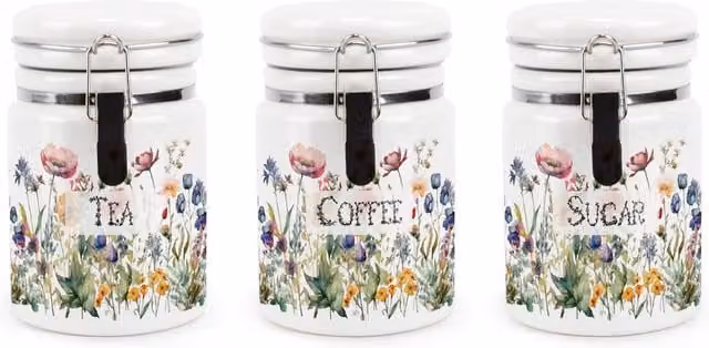 Purely Home Wildflowers Floral Ceramic Tea, Coffee and Sugar Storage Canister Set in Green and White