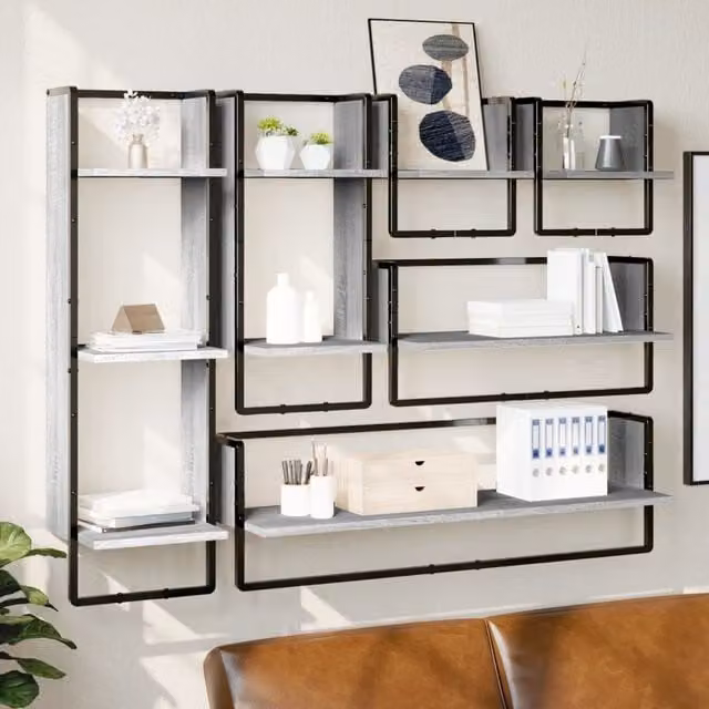 Berkfield Home 6 Piece Grey Sonoma Wall Mounted Shelf Set with Hanging Rods