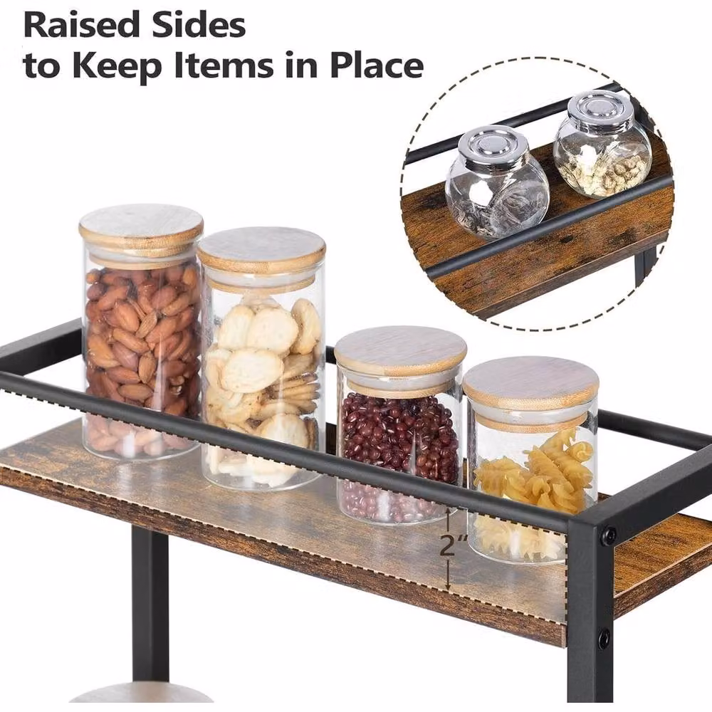VOGREX 3-Tier Lockable Rolling Kitchen Storage Cart in Rustic Brown and Black, W/D/H: 40.7 x 30.0 x 81.0 cm – 4