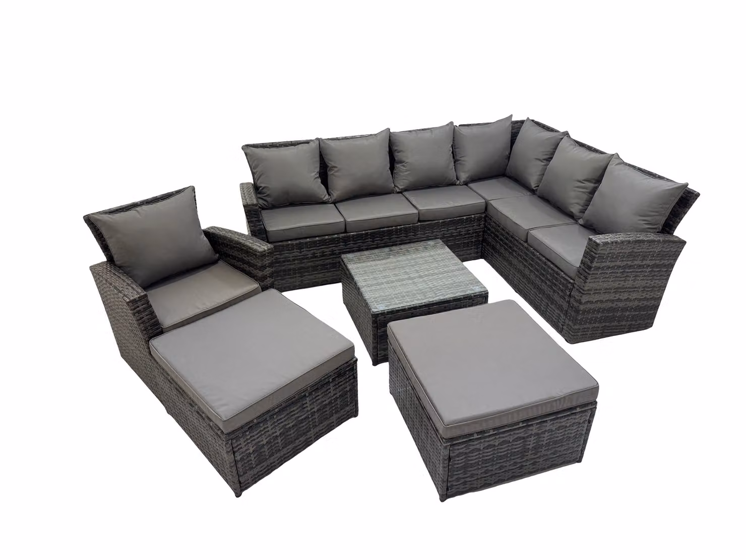 Fimous 9 Seater L-Shape Garden Sofa Set in Dark Grey with Coffee Table, Armchair and 2 Ottomans – 2