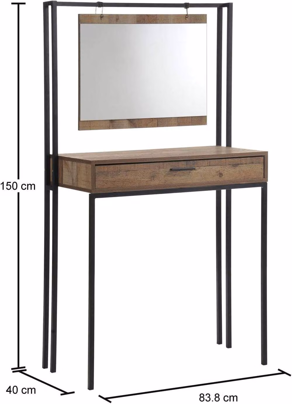 Timber Art Design Stretton Bedroom Dressing Vanity Makeup Table with Mirror and Drawer in Rustic Oak Brown, W: 150 cm, D: 40 cm, H: 84 cm – 2