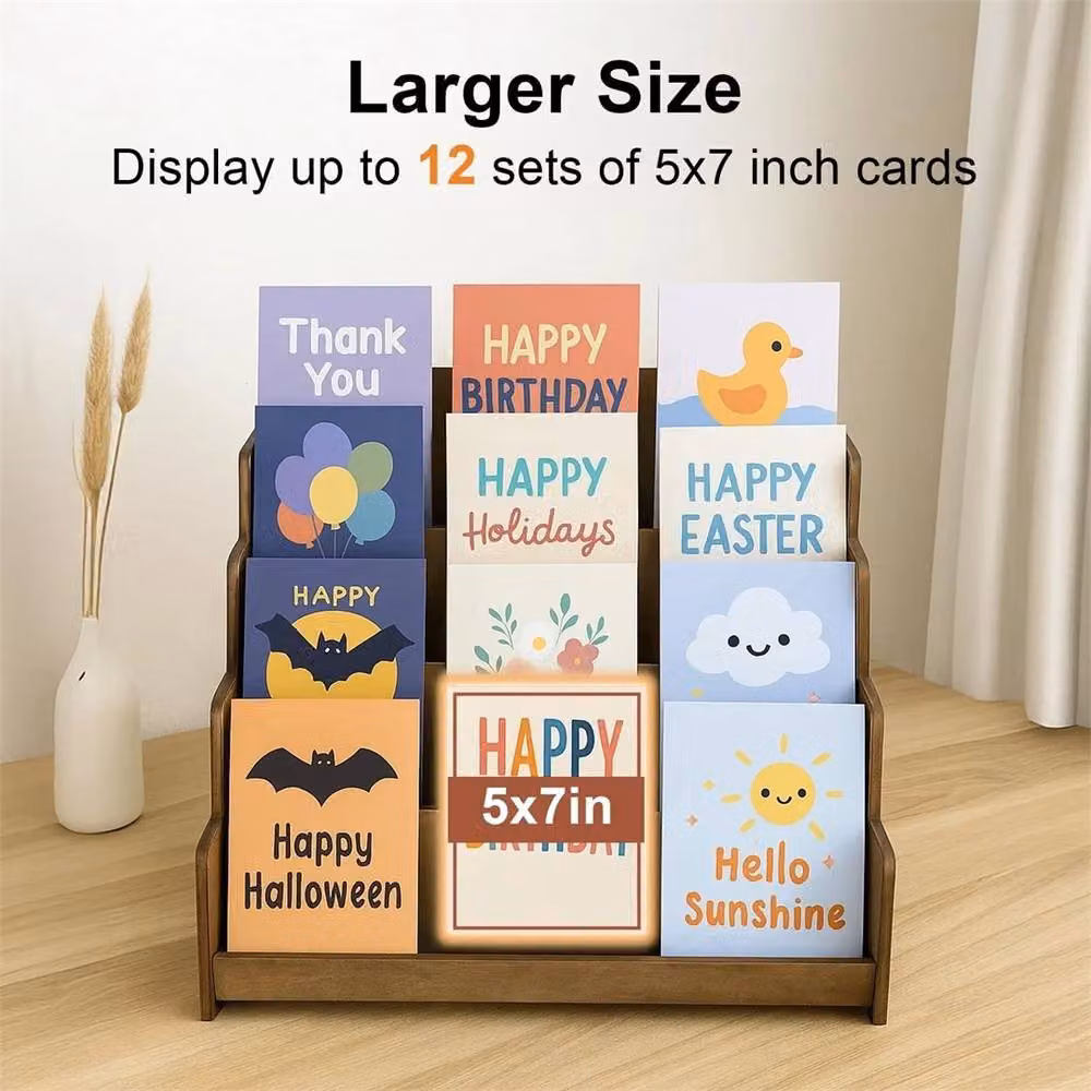 SPETLEK 4-Tier Rustic Brown Wooden Greeting Card Display Stand for Tabletop Use – 3