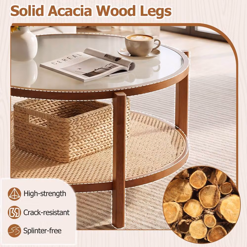 Gymax Round 2-Tier Rattan and Acacia Wood Coffee Table with Glass Top in Brown – 6