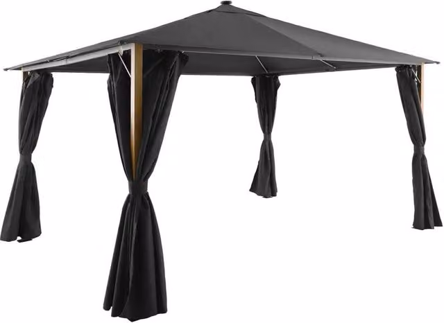 sweeek Aluminum Hip Roof Gazebo with Wood Effect, Curtains and LED in Dark Grey, W/D/H: 400 x 300 x 400 cm – 1