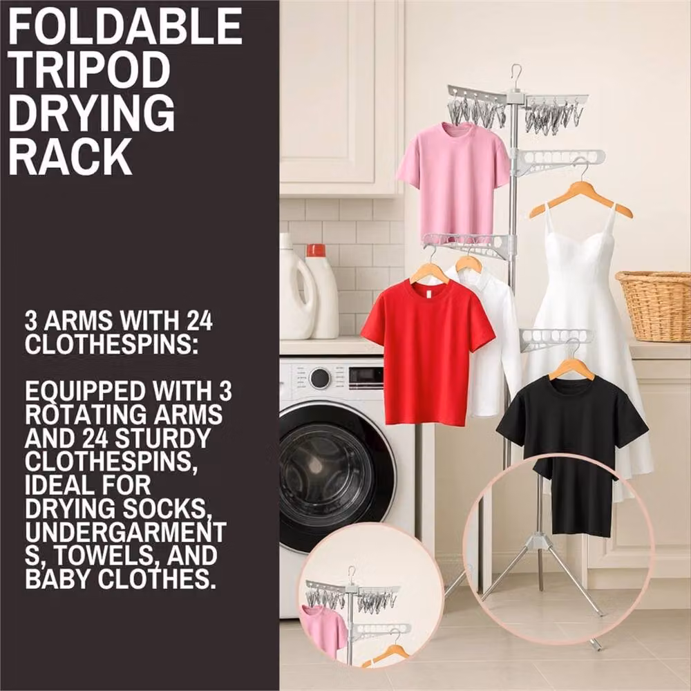 VOGREX 24-Pin Foldable Tripod Clothes Drying Rack in Silver – 4