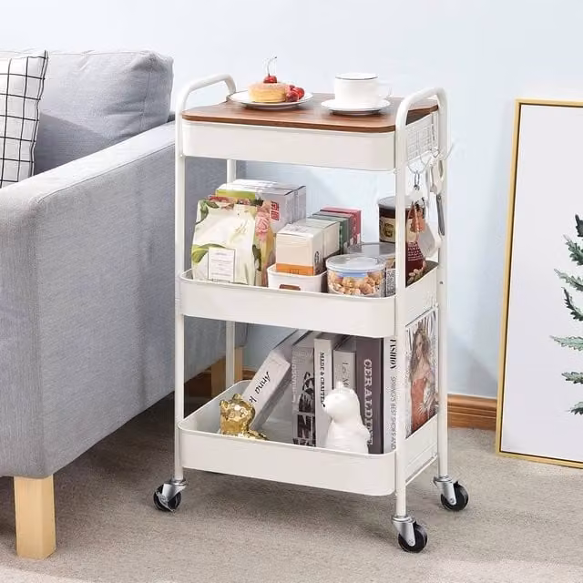 FORGEVIO 3-Tier Rolling Metal Utility Storage Trolley with Wood Table Top in White – 1