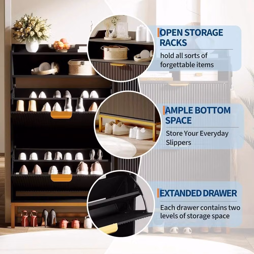 VOGREX Narrow Black Matt Shoe Cabinet with 2 Tilting Compartments and Internal Shelves – 4
