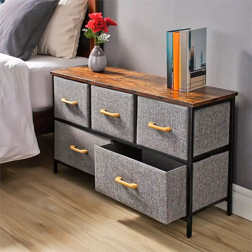 NESTLUNE 5 Drawer Fabric Storage Unit Chest with Metal Frame and Wood Top in Brown and Grey, W: 100 cm, D: 15 cm, H: 15 cm – 3