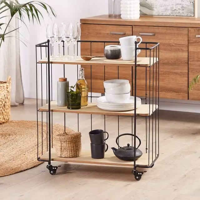 Wyld and Coco Industrial Kitchen Trolley with Black Iron Frame and Light-Brown MDF Shelves, W: 70 cm, H: 75 cm, D: 70 cm – 1