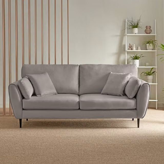 Furniturebox Ida 3 Seater Grey Velvet Modern Living Room Sofa with Solid Wood Frame and Scatter Cushions