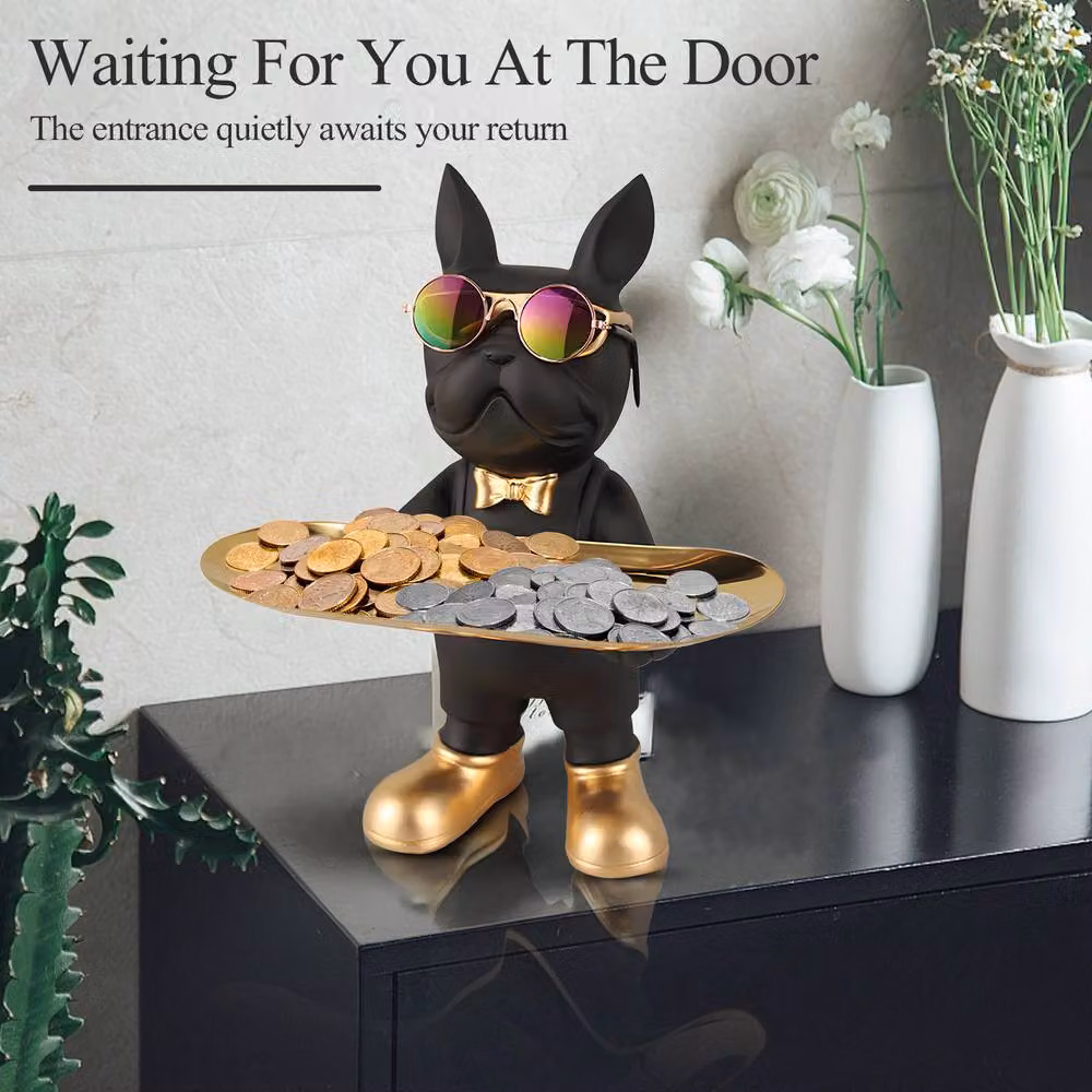 Huhote Black Bulldog Resin Statue Candy Dish and Key Holder Tabletop Decor – 5