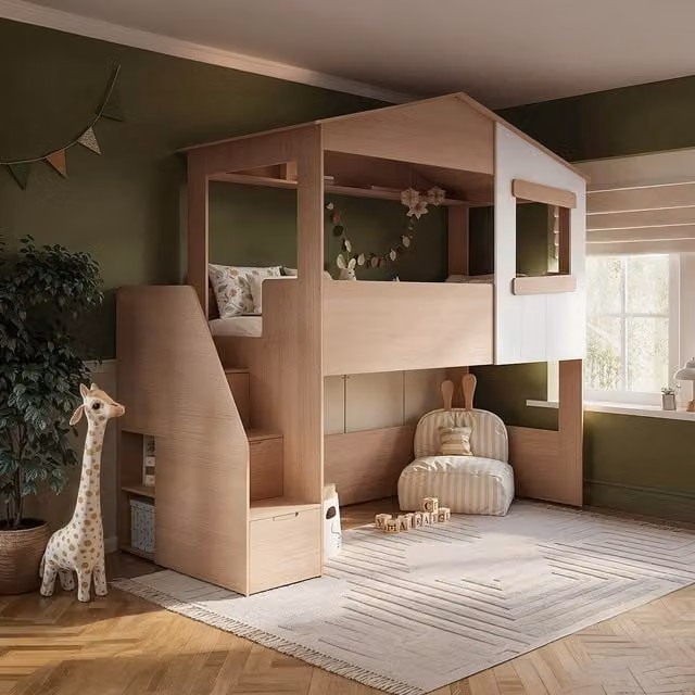 Dreamland Flair House Midsleeper Bed with Staircase and Side Compartments in Brown