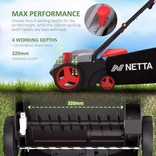 Netta 1500W Electric Lawn Scarifier and Aerator in Grey and Red with 320mm Working Width and 30L Collection Box – 3