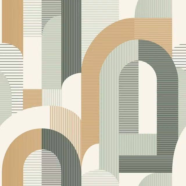 Grandeco Geometric Retro Wallpaper in Green, Orange and Beige