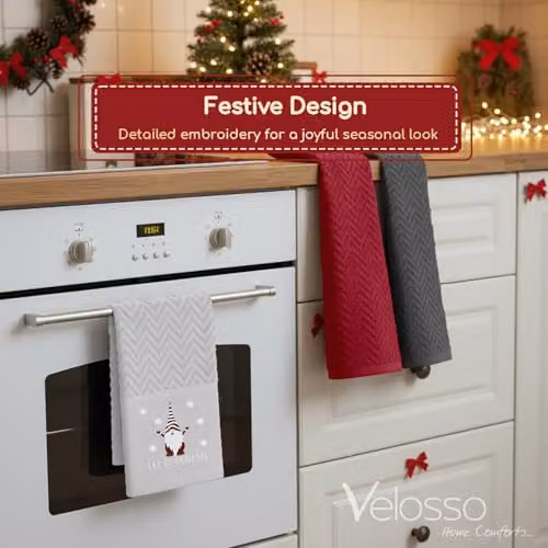 Velosso 3 Pack Christmas Tea Towel Set with Let It Sgnome Graphic Design, Absorbent Cotton Kitchen Towels in Green, Red, Grey and White – 3