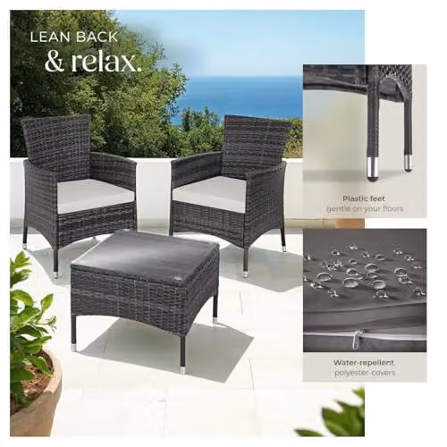 tectake Lucerne Rattan Garden Bistro Set in Grey with Glass Tabletop and Beige and Grey Cushions for 2 Adults – 4