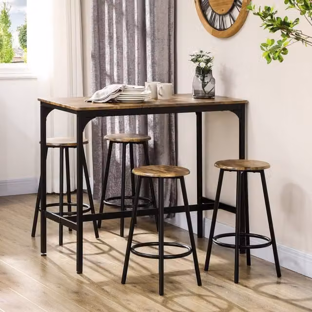 HOMCOM 5 Piece Industrial Bar Table Set for 4 Adults in Rustic Brown