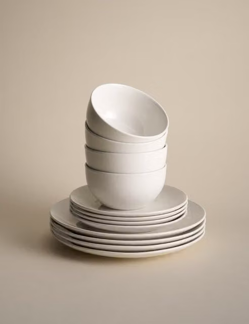 M&S 12 Piece White Porcelain Everyday Dinner Set