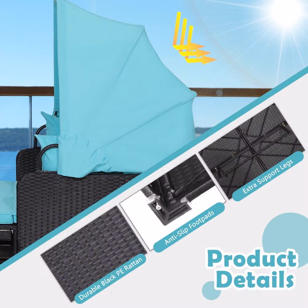 Gymax 2 Seater Blue Rattan Garden Daybed with Sun Canopy and Side Tray – 7