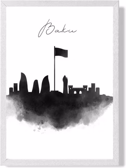 ARTZE Baku Watercolour Skyline City Framed Print, Black and White, A4