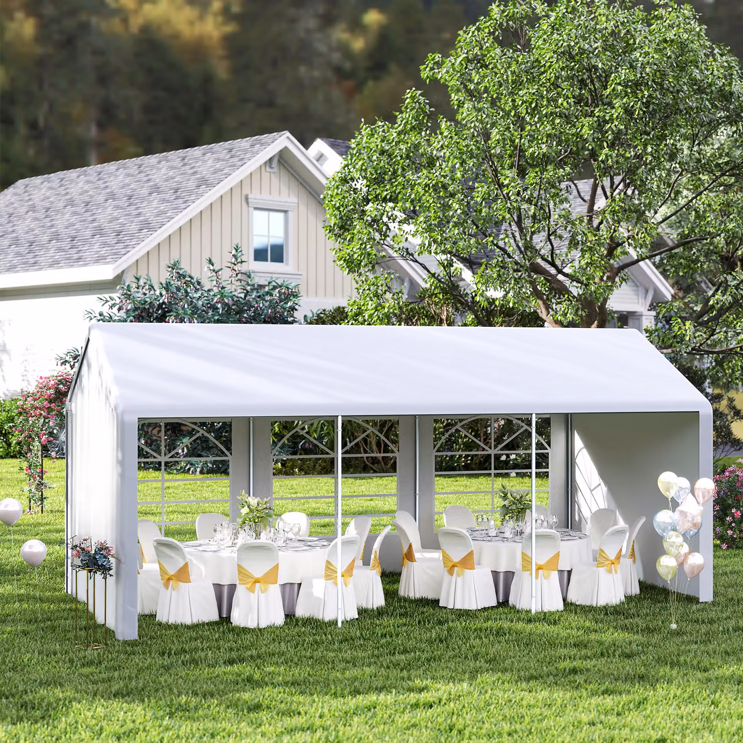 Outsunny Heavy Duty Garden Gazebo Marquee Wedding Shelter with Windows, White, W: 6 m, D: 3 m, H: 2.8 m – 5