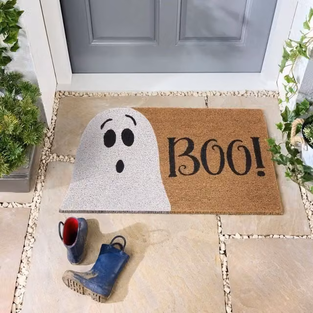 Garden Greatness Halloween Ghost Boo Coir Door Mat in Brown and White