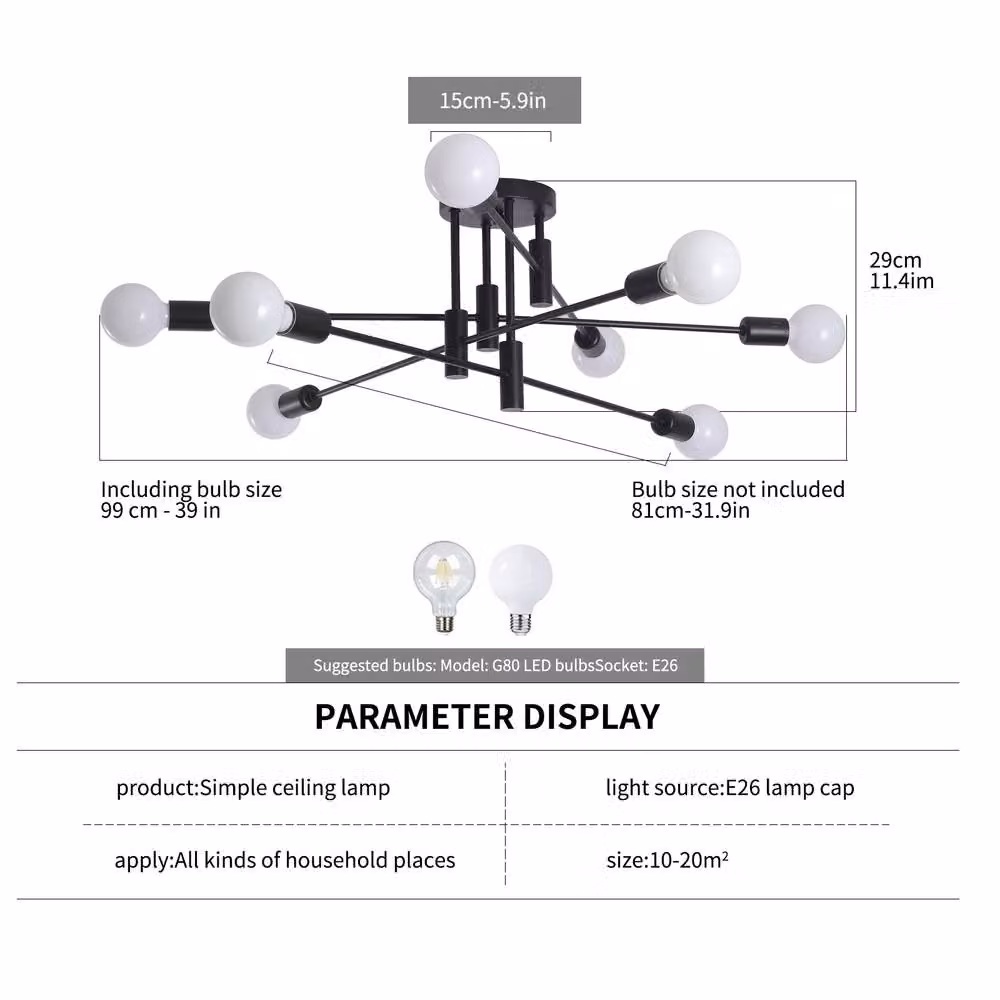 NIVOR Modern Black Sputnik Sphere Semi Flush Mount Ceiling Light with 8 Dimmable E27 Bulbs – 2