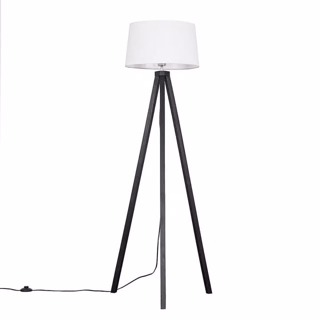ValueLights Barbro Black Wood Tripod Floor Lamp with White Linen Tapered Shade, Height: 130 cm