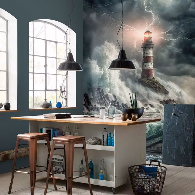 Erismann Lighthouse Beacon In The Storm Digital Mural, Multi-colour Textile Adhesive Wallpaper