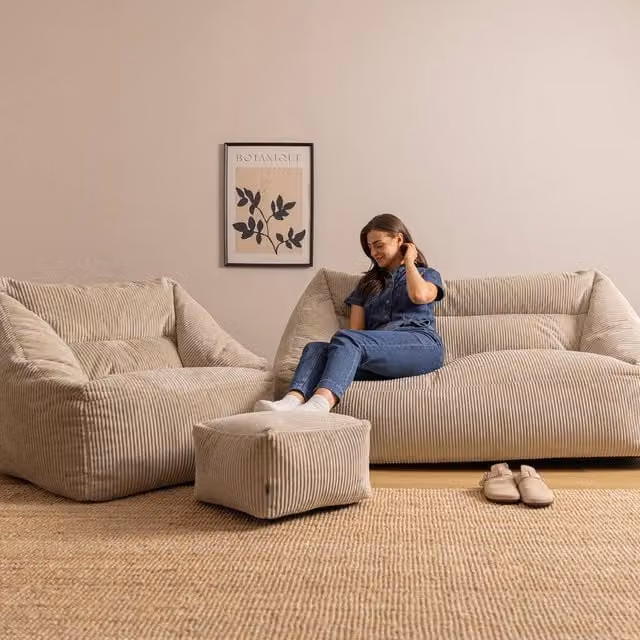 icon Cecilia Cord Bean Bag Sofa, Chair and Footstool Set in Beige