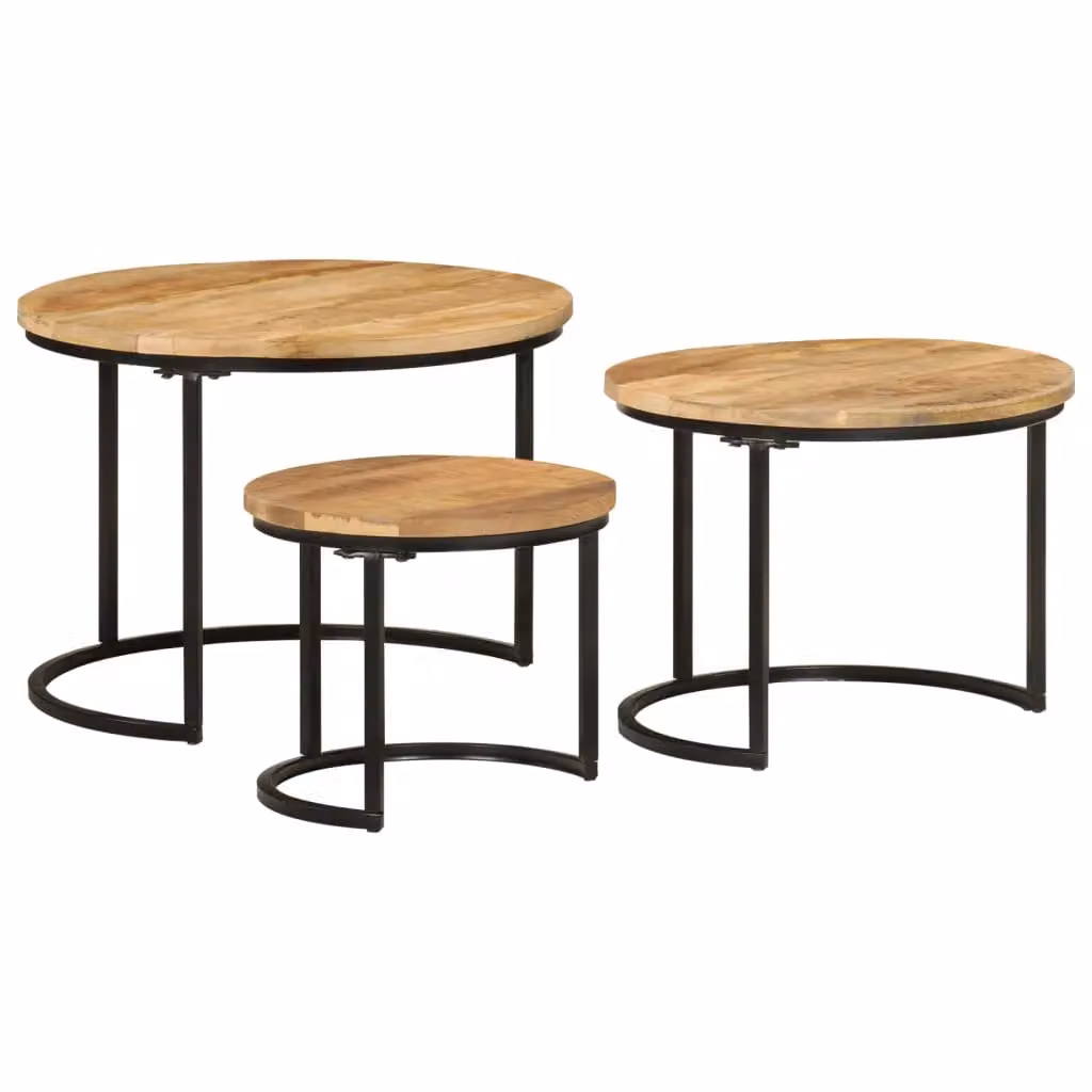 Berkfield Home Set of 3 Round Nesting Tables in Brown Rustic Mango Wood – 2