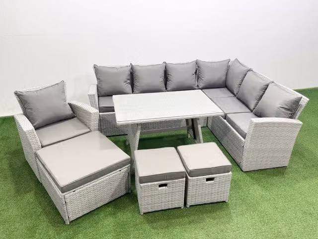 Fimous 10 Seater Outdoor Rattan Garden Furniture Set with Dining Table in Light Grey