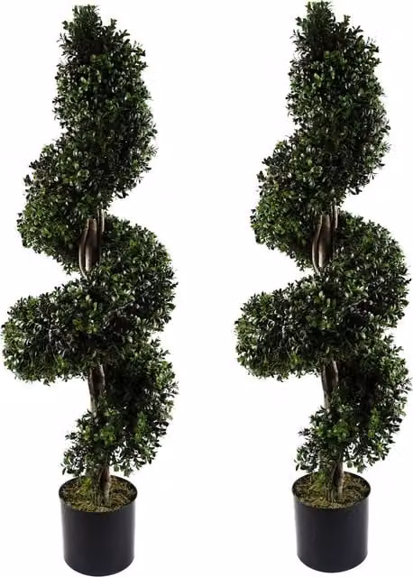 Pair of Green Buxus Spiral Artificial Trees, UV Resistant Outdoor Topiary, H 120 cm x W 18 cm x D 18 cm