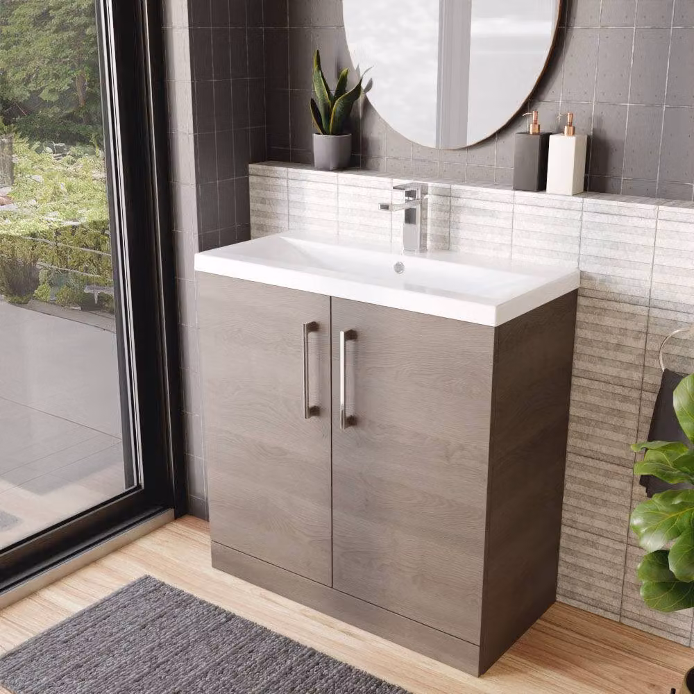Balterley Contemporary Floor Standing 2-Door Bathroom Vanity Unit with Mid-Edge Ceramic Basin, Solace Oak Brown, W: 80 cm, D: 39 cm, H: 84 cm – 4