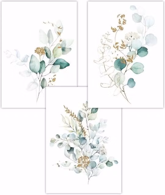 ARTZE Set of 3 Green, Blue and Gold Watercolour Eucalyptus Botanical Paper Posters, W: 30 cm x H: 42 cm