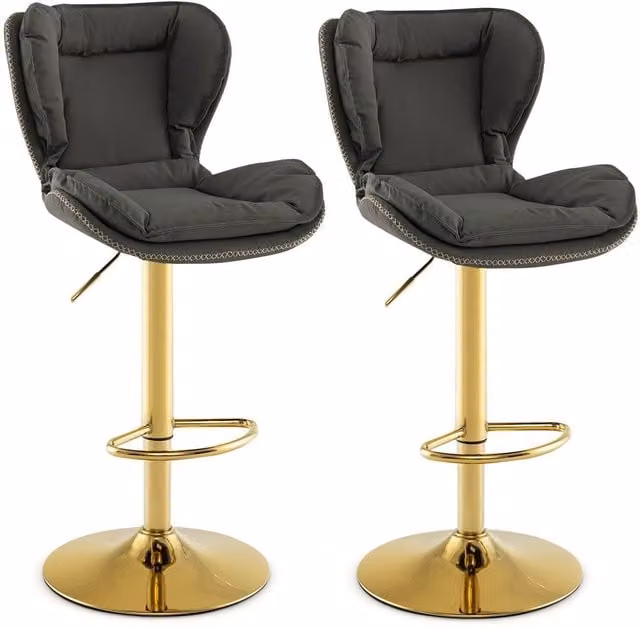 Costway Set of 2 Grey and Gold Swivel Bar Chairs with Padded Synthetic Leather Seats