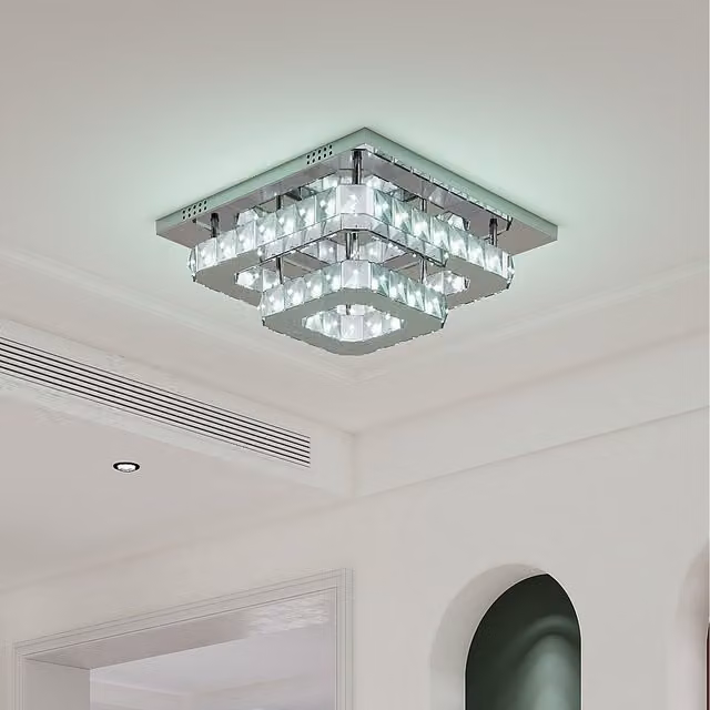Komore Dimmable Square Glamorous Crystal LED Ceiling Light in Silver