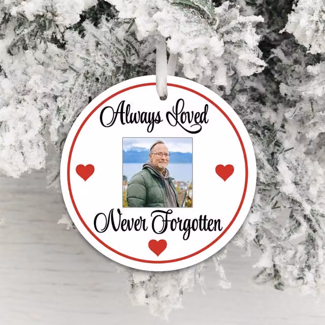 Uniqueful Personalised Always Loved Round Photo Hanging Decoration in Clear Plastic with Heart Detail
