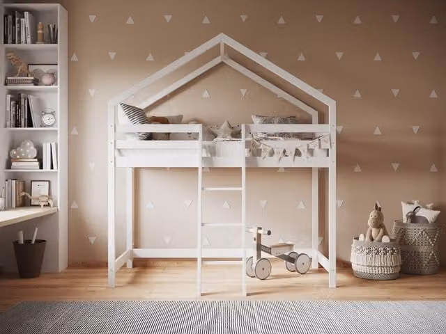 Flair Nook House Mid Sleeper Bed in White and Grey, Single Size, Solid Pine Wood – 1